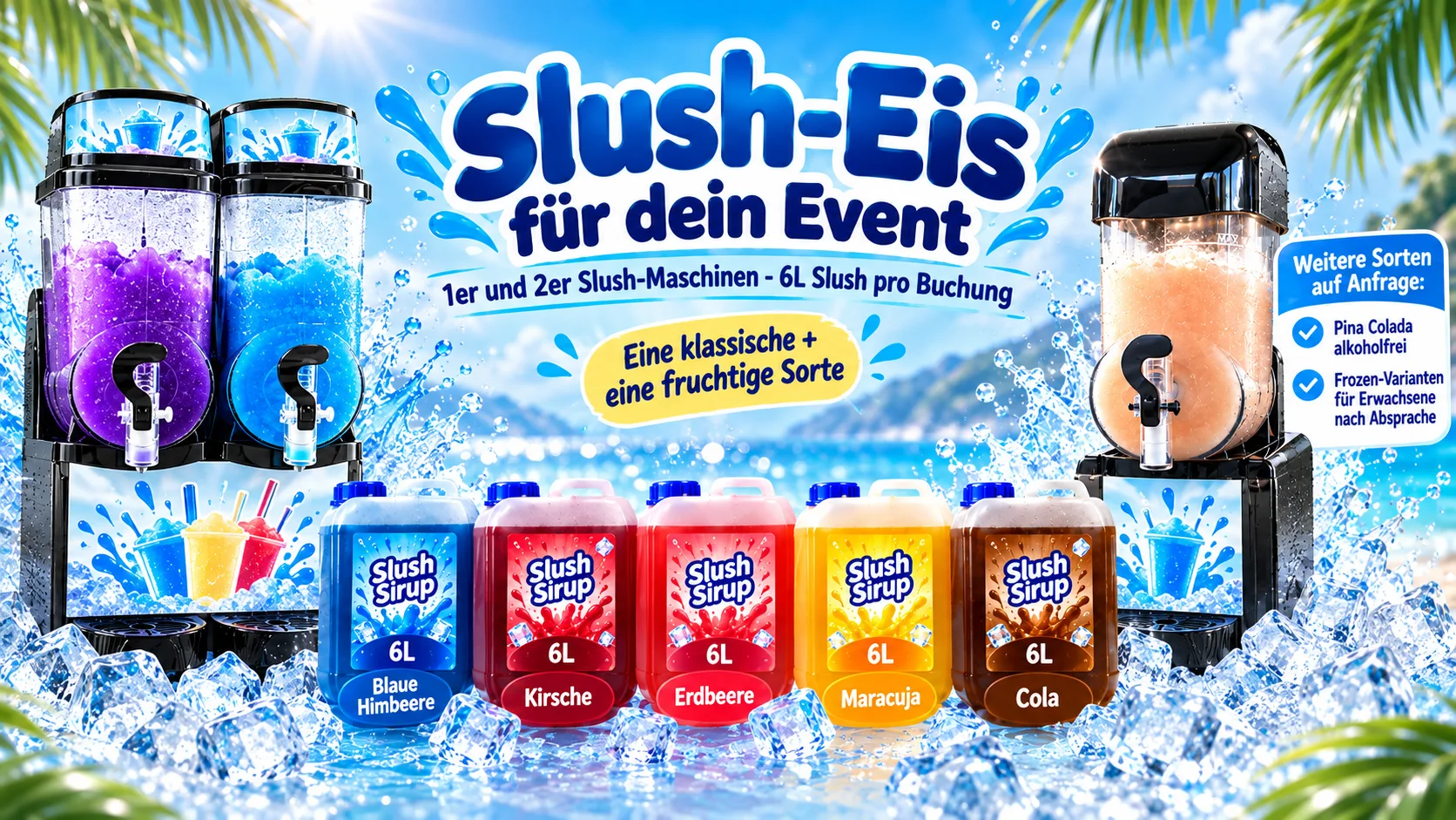Kleine und große Slush-Eis-Maschine mit bunten Slush-Sorten