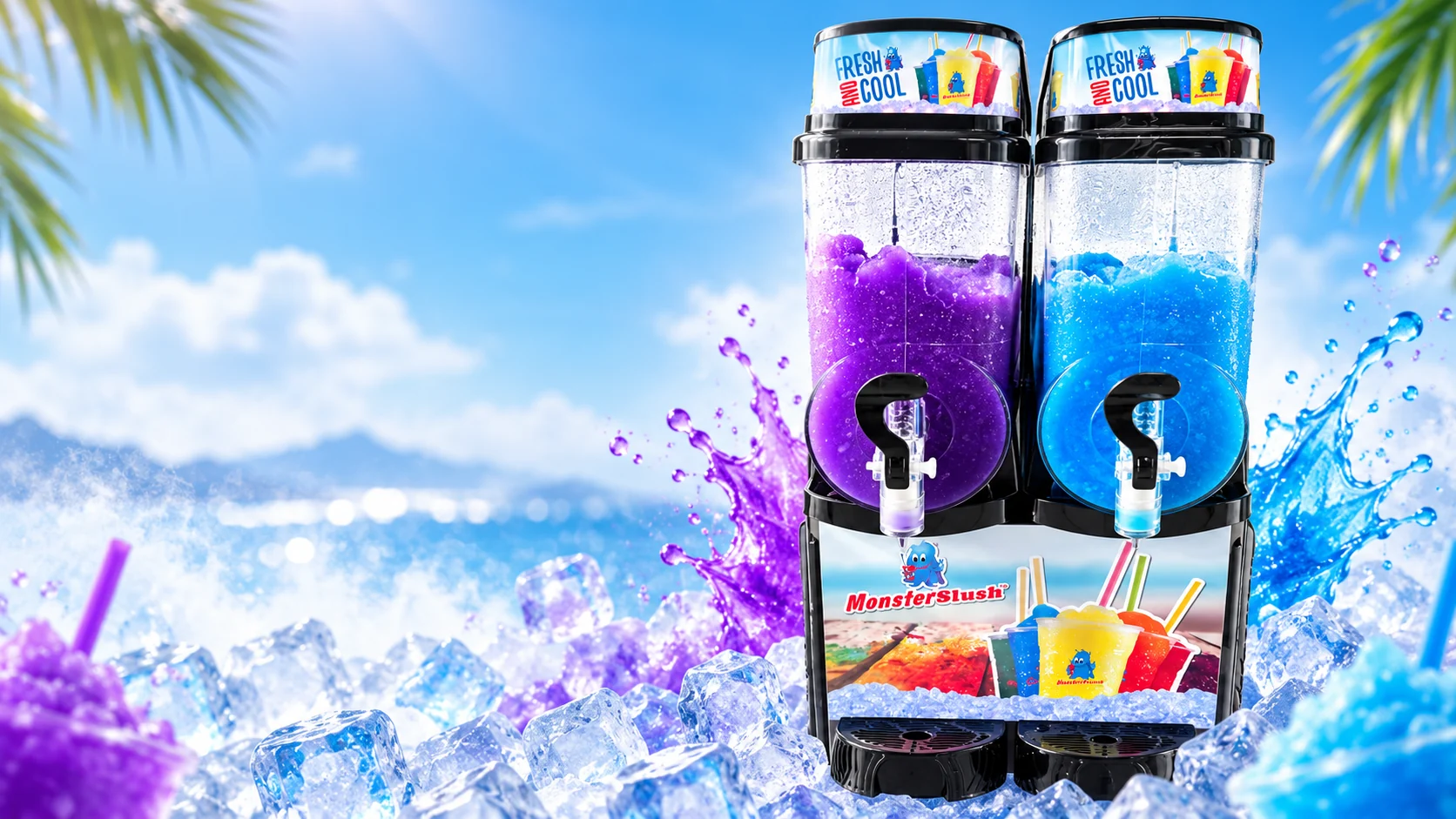 Zwei Slush-Eis-Maschinen mit blauem und violettem Slush-Eis