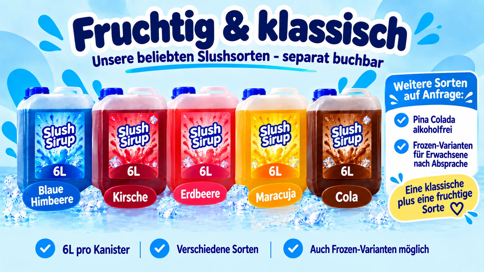 Slush-Mix-Sets mit Blaue Himbeere, Kirsche, Erdbeere, Maracuja und Cola